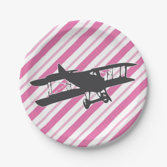 Pink and Grey Vintage Aeroplane Paper Plates (Front)