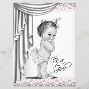 Pink and Grey Vintage Baby Girl Shower Invitation