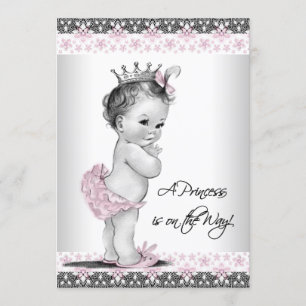 Pink and Grey Vintage Baby Girl Shower Invitation