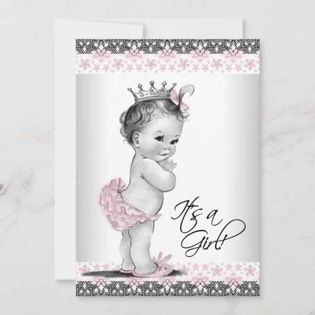 Pink and Grey Vintage Baby Girl Shower Invitation (Front)
