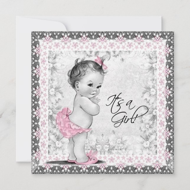 Pink and Grey Vintage Baby Girl Shower Invitation (Front)