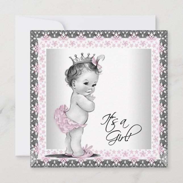 Pink and Grey Vintage Baby Girl Shower Invitation (Front)
