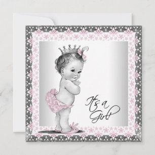 Pink and Grey Vintage Baby Girl Shower Invitation