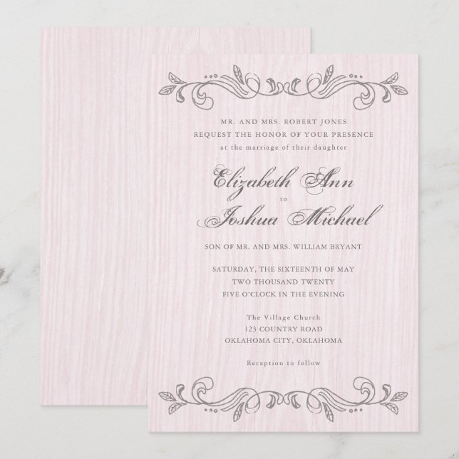 Pink and Grey Vintage Flourishes Wedding Invitation (Front/Back)
