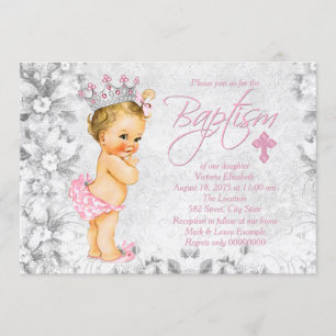 Pink and Grey Vintage Princess Baptism Invitation