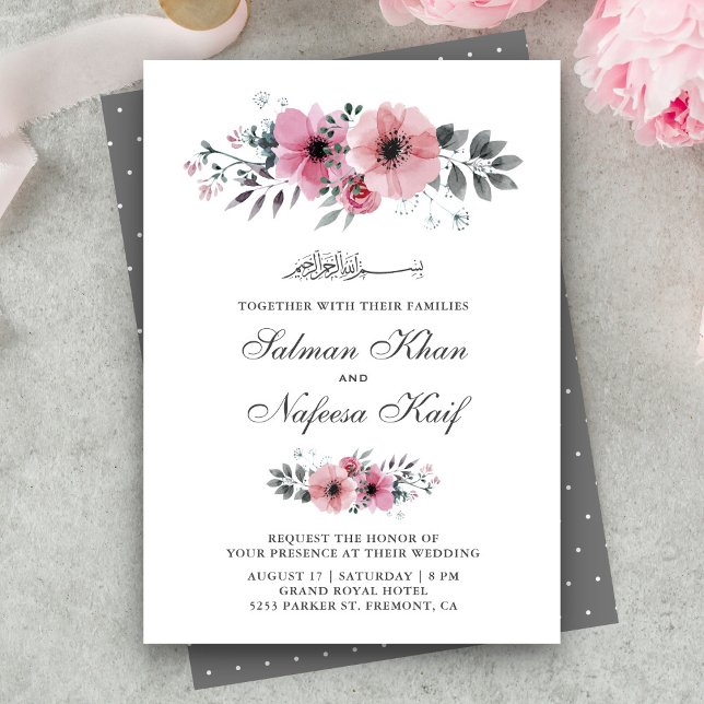 Pink and Grey Watercolor Floral Islamic Wedding Invitation (Creator Uploaded)