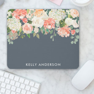 Pink and Grey Watercolor Floral with Your Name Mouse Mat