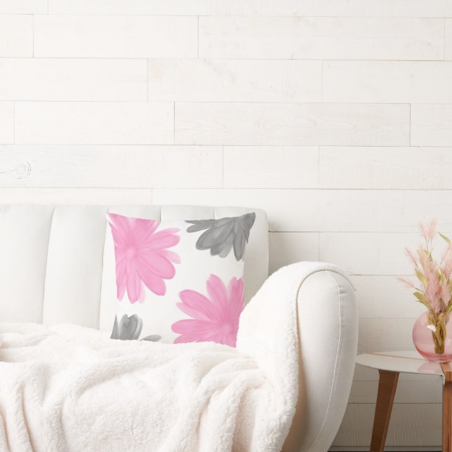 Pink and Grey Watercolor Flowers Cushion (Couch)