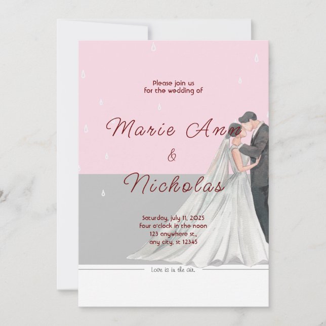 Pink and grey Watercolor Wedding  Invitation (Front)