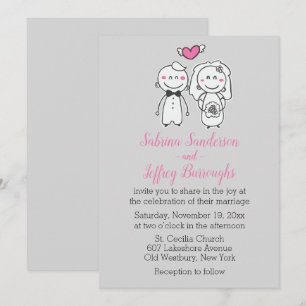 Pink And Grey Wedding Cartoon Bride And Groom Invitation