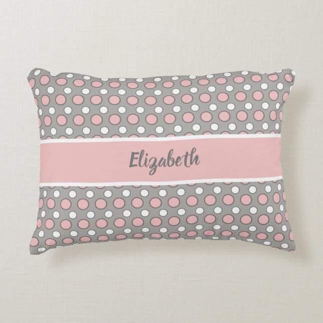 Pink and grey with polka dots and name decorative cushion (Front)
