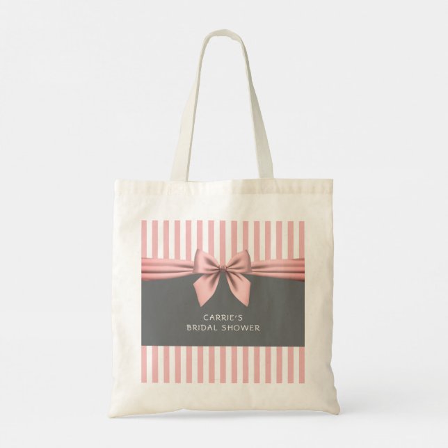 Pink and Grey with Stripes Bow Bridal Shower Tote Bag (Back)