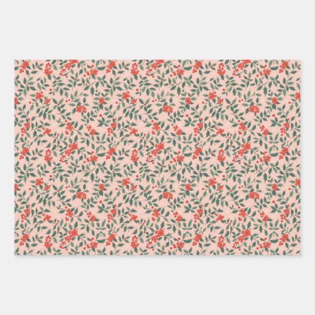 Pink and Holly Christmas Wrapping Paper (Front)