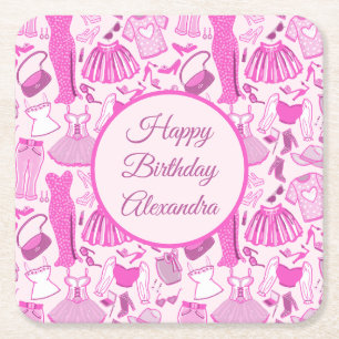 Pink and Hot Pink Fashion Pattern Square Paper Coaster