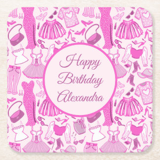 Pink and Hot Pink Fashion Pattern Square Paper Coaster
