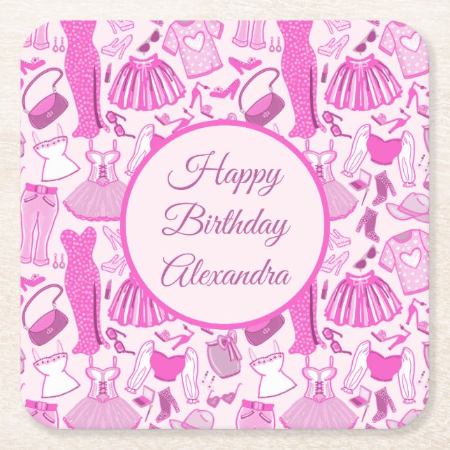 Pink and Hot Pink Fashion Pattern Square Paper Coaster (Front)