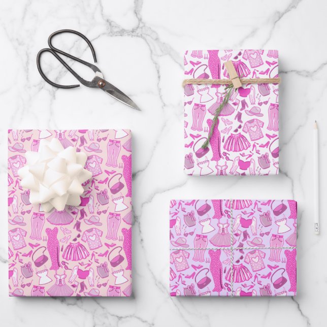 Pink and Hot Pink Fashion Wrapping Paper Sheet (Front)