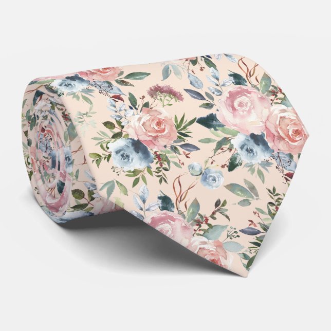 Pink and Ice Blue Roses Cream Neck Tie (Rolled)