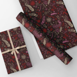 Pink and ivory floral doodles in maroon. wrapping paper sheet