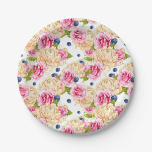 Pink and Ivory Rose and Blueberry Floral Pattern Paper Plate