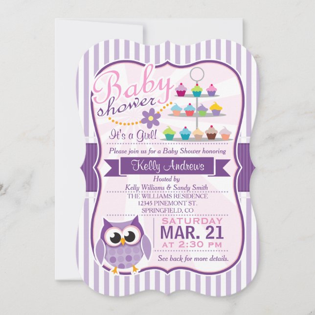 Pink and Lavender Purple Owl, Girl Baby Shower Invitation (Front)