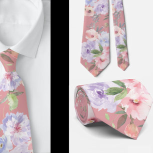 Pink and Lavender Purple Roses Floral Neck Tie
