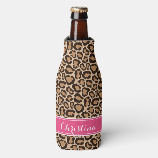 Pink and Leopard Print Custom Monogram Bottle Cooler (Bottle Front)