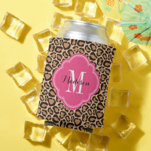 Pink and Leopard Print Custom Monogram Can Cooler