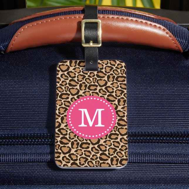 Pink and Leopard Print Custom Monogram Luggage Tag (Front Insitu 2)