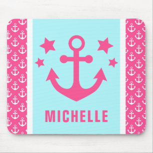 Pink and Light Blue Anchors Nautical Pattern Mouse Mat