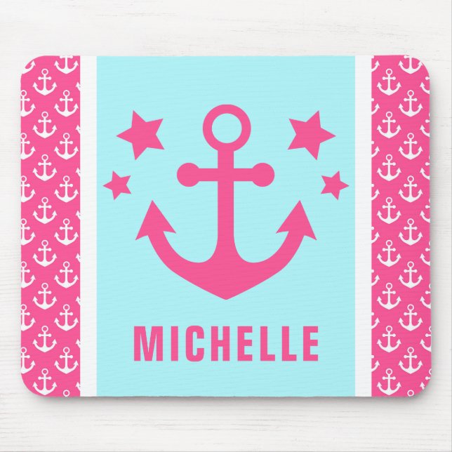Pink and Light Blue Anchors Nautical Pattern Mouse Mat (Front)