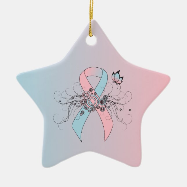 Pink and Light Blue Awareness Ribbon Butterfly Ceramic Tree Decoration (Front)
