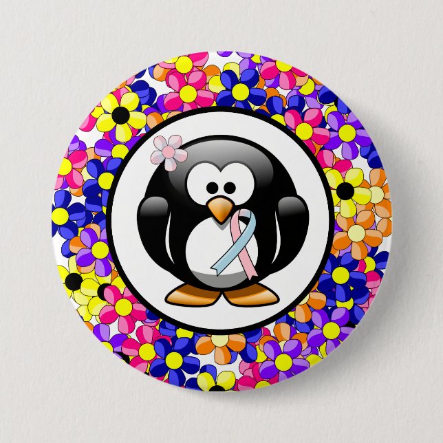 Pink and Light Blue Awareness Ribbon Penguin 7.5 Cm Round Badge (Front)