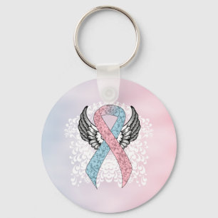 Pink and Light Blue Awareness Ribbon with Wings Key Ring