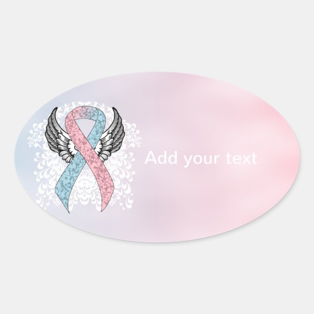 Pink and Light Blue Awareness Ribbon with Wings Oval Sticker (Front)