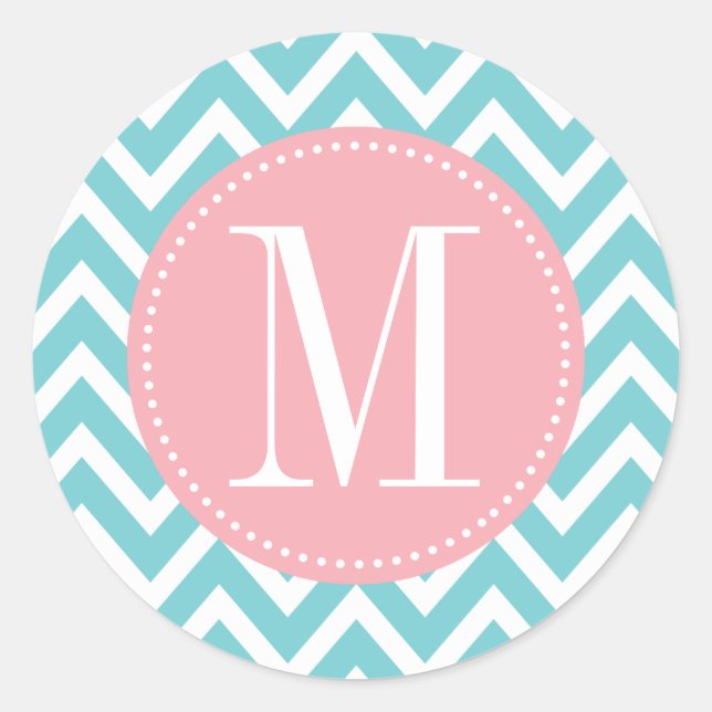 Pink and Light Blue Chevron Custom Monogram Classic Round Sticker (Front)