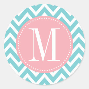 Pink and Light Blue Chevron Custom Monogram Classic Round Sticker