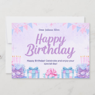 Pink and Light Blue Watercolor Birthday  Invitation