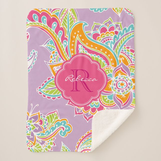 Pink and Lilac Boho Paisley Monogrammed Sherpa Blanket (Front)