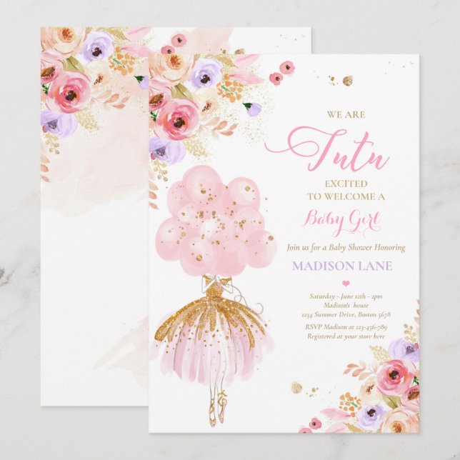 Pink And Lilac Floral Ballerina Baby Shower Invitation (Front/Back)