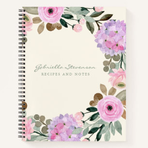 Pink and Lilac Floral Wreath Personalised Recipe Notebook