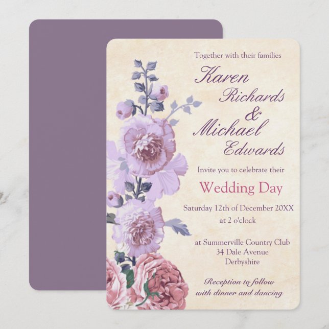 Pink and Lilac Watercolor Floral Wedding Invitation (Front/Back)
