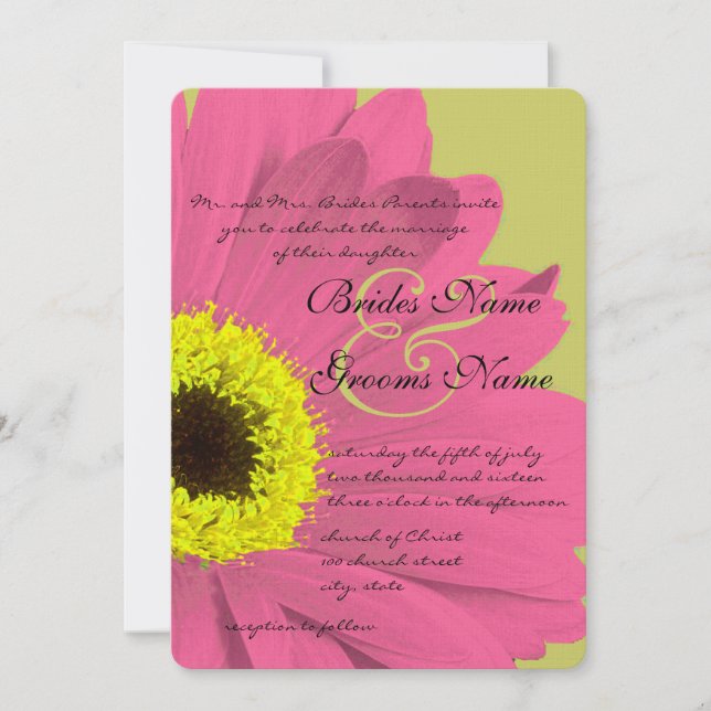 Pink and Lime Gerber Daisy Wedding Invitation (Front)