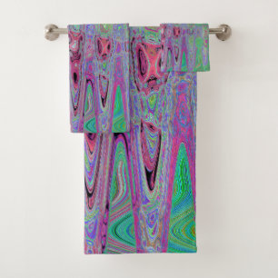 Pink and Lime Green Groovy Abstract Atomic Waves Bath Towel Set