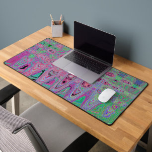 Pink and Lime Green Groovy Abstract Atomic Waves Desk Mat