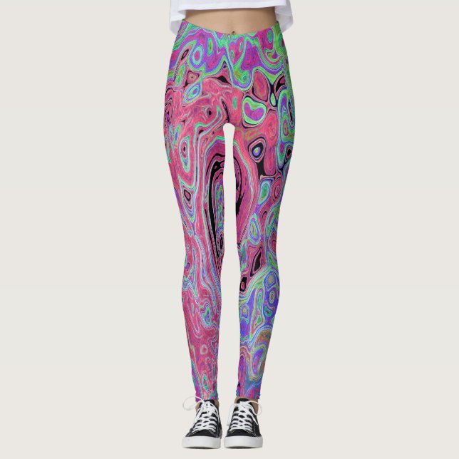 Pink and Lime Green Groovy Abstract Retro Swirl Leggings (Front)