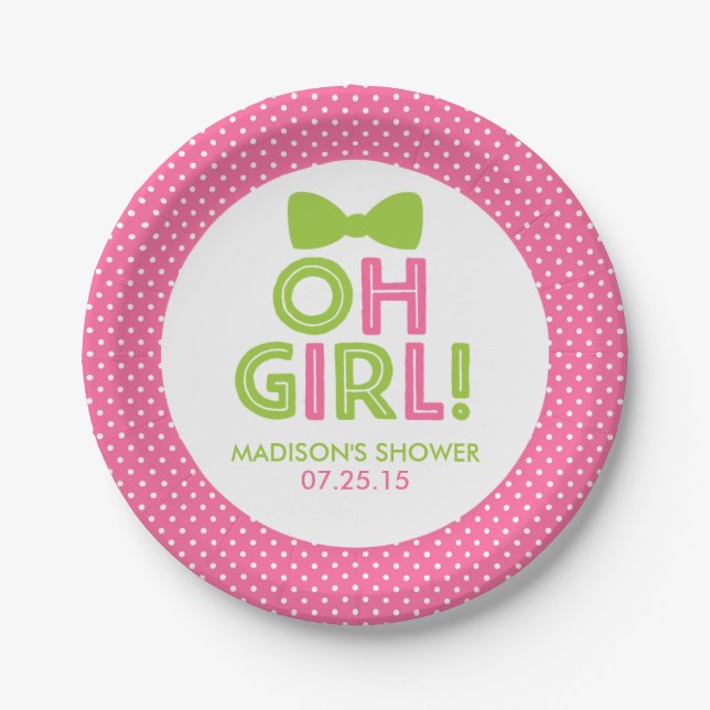 Pink and Lime Green Oh Girl Polka Dot Plates (Front)