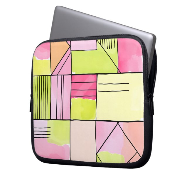 Pink and Lime-Green Patchwork Abstract Laptop Sleeve (Front Left)