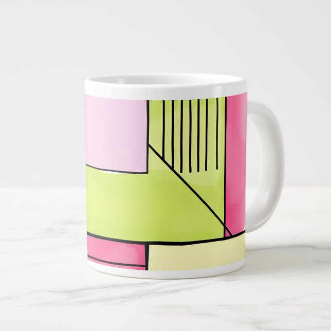 Pink and Lime-Green Patchwork Abstract Large Coffee Mug (Front Right)