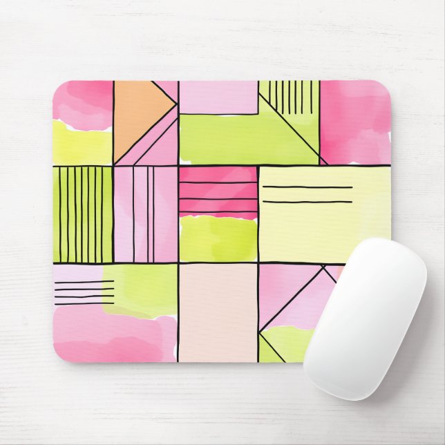 Pink and Lime-Green Patchwork Abstract Mouse Mat (With Mouse)